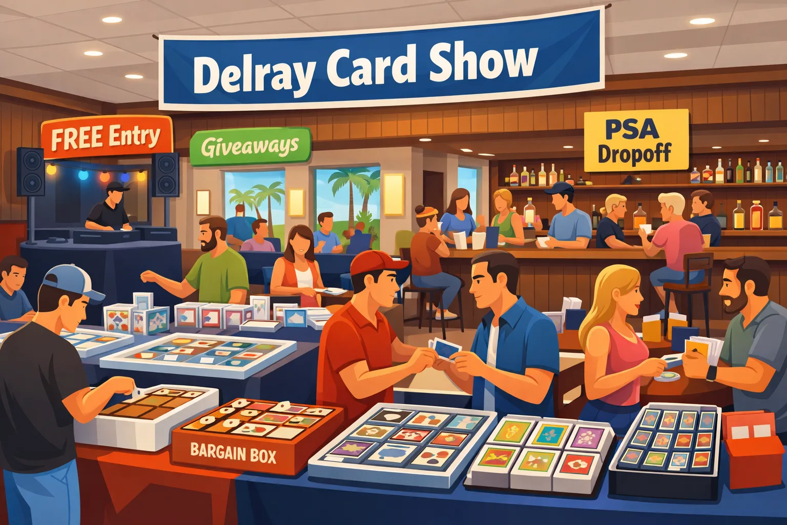 Illustration of the Delray Card Show in Delray Beach, Florida, showing a lively lodge hall with vendor tables, sports cards, Pokémon binders, display cases, and collectors browsing in a social hobby atmosphere.