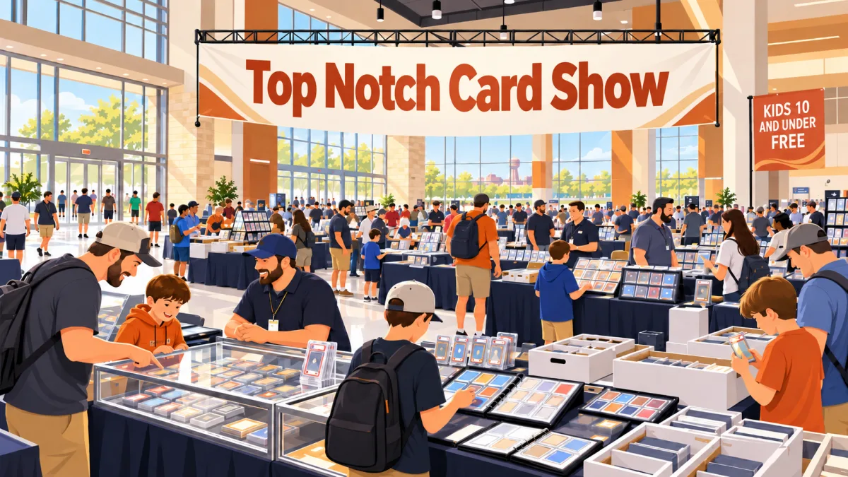 An illustrated Top Notch Card Show inside a bright civic convention center, with collectors browsing card tables, display cases, binders, slabs, and bargain boxes beneath an event banner.