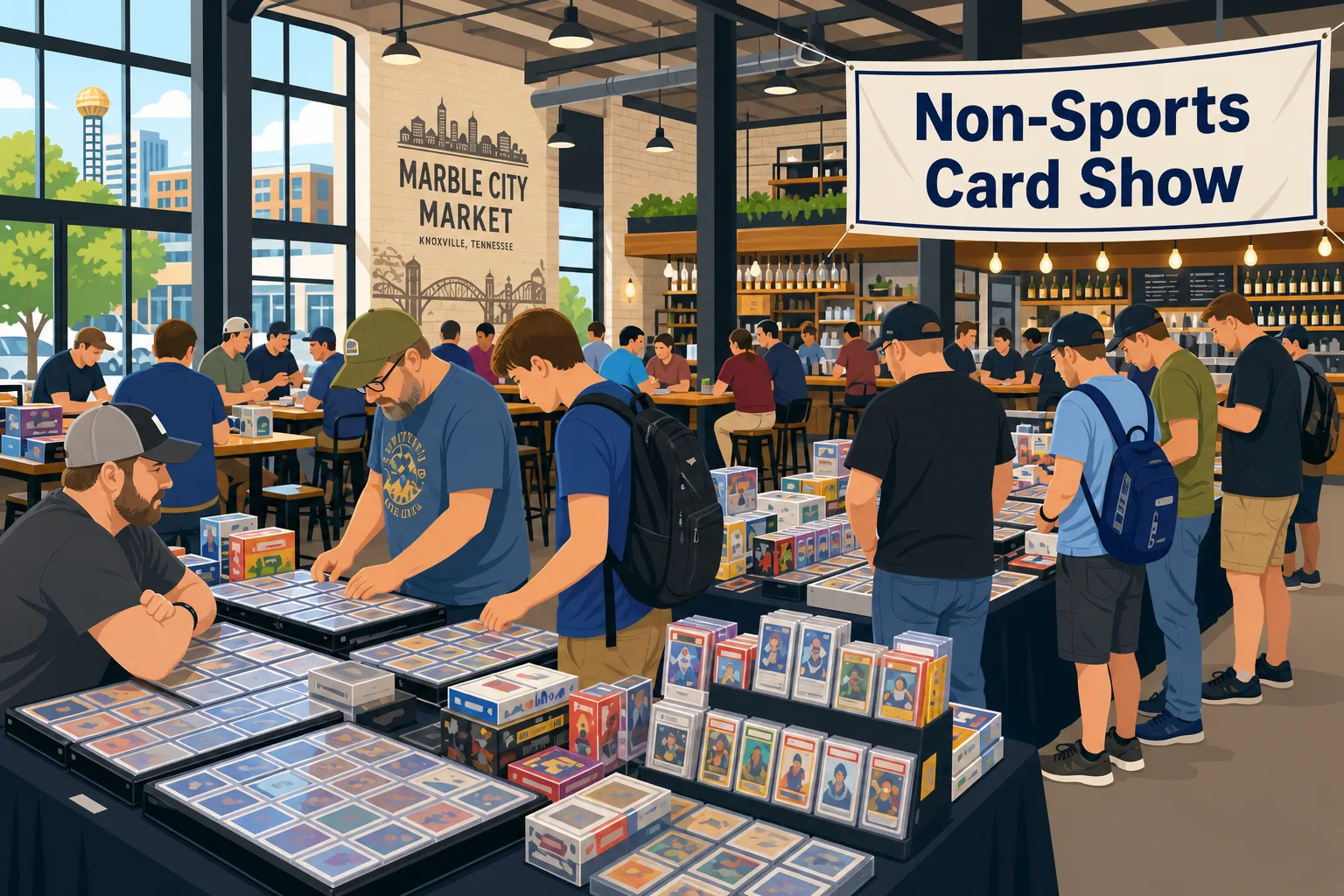 Non-Sports Card Show at Marble City Market in Knoxville, TN, with collectors browsing graded slabs, sealed boxes, and trading card displays inside an industrial brick venue.