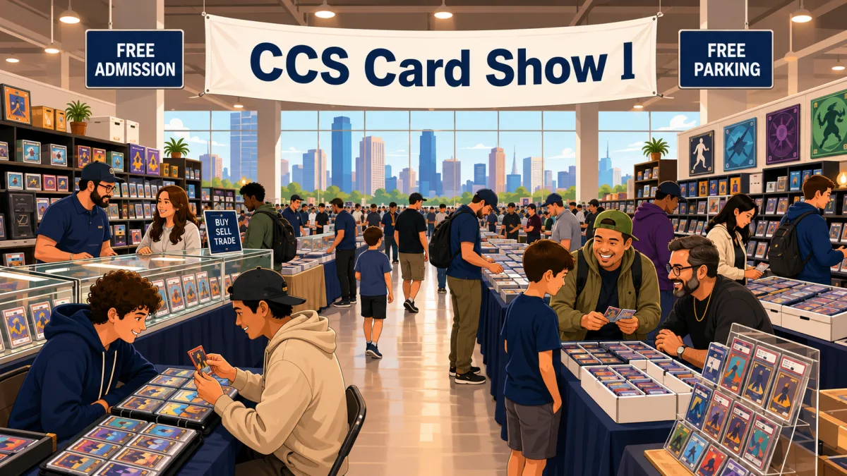 Illustration of collectors browsing sports cards and trading cards at vendor tables beneath a CCS Card Show I banner with free admission and free parking callouts.