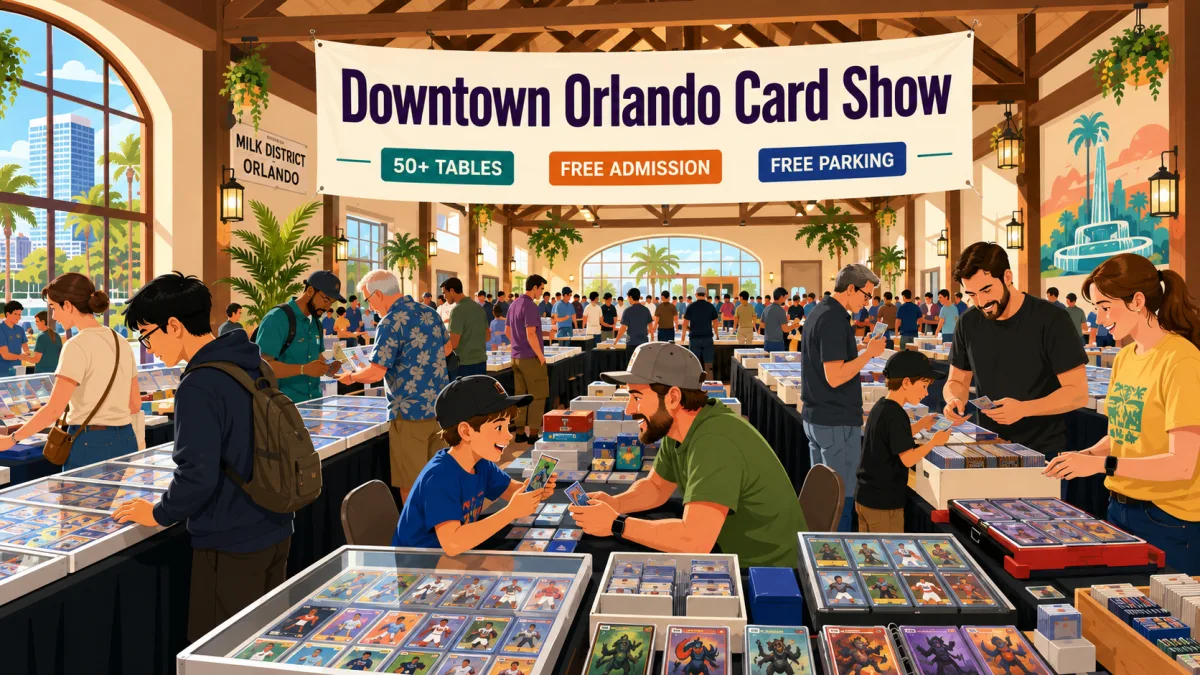 Illustration of collectors browsing card cases, binders, slabs, and bargain boxes beneath a Downtown Orlando Card Show banner inside an Orlando event hall.