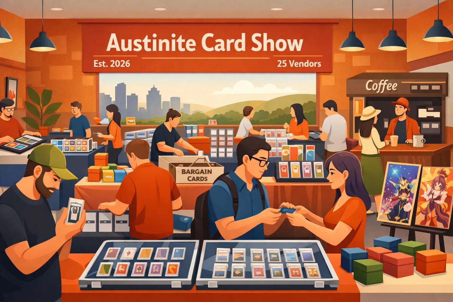 Vector illustration of the Austinite Card Show in Austin, Texas, with Pokémon and One Piece card vendors, collectors browsing display cases, trading card binders, graded slabs, bargain boxes, and a coffee stand inside a local event hall.