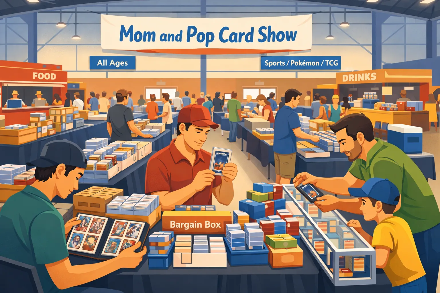 Mom and Pop Card Show at The Fieldhouse in Leander, Texas on August 16, 2026, with three men and a child in the foreground, vendor tables throughout, food at back left, and drinks at back right.