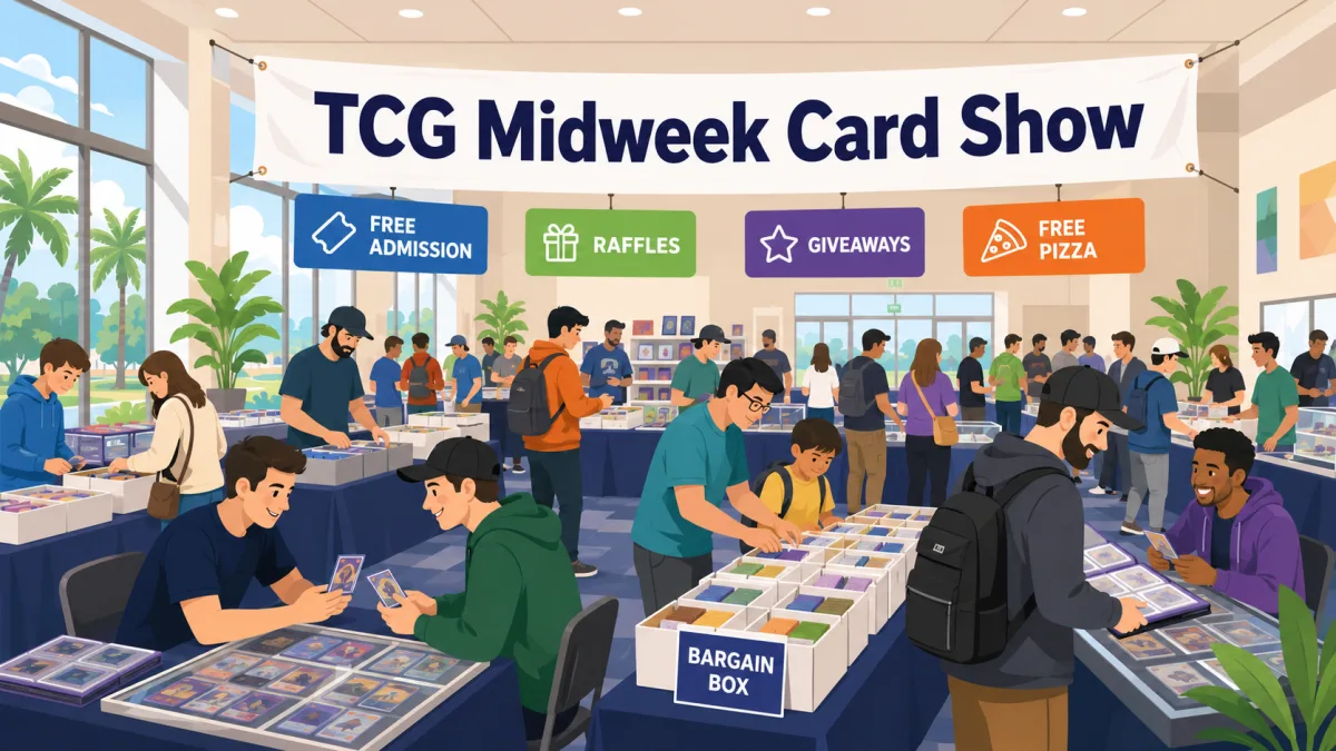 TCG Midweek Card Show banner above a busy indoor floor with bargain box bins, vendor tables, and attendees trading cards under free admission and raffle signs.