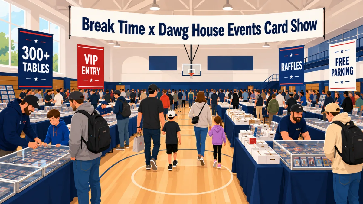 Break Time x Dawg House Events Card Show fills a school gym with 300+ vendor tables, families browsing glass cases of graded cards under VIP and raffle banners