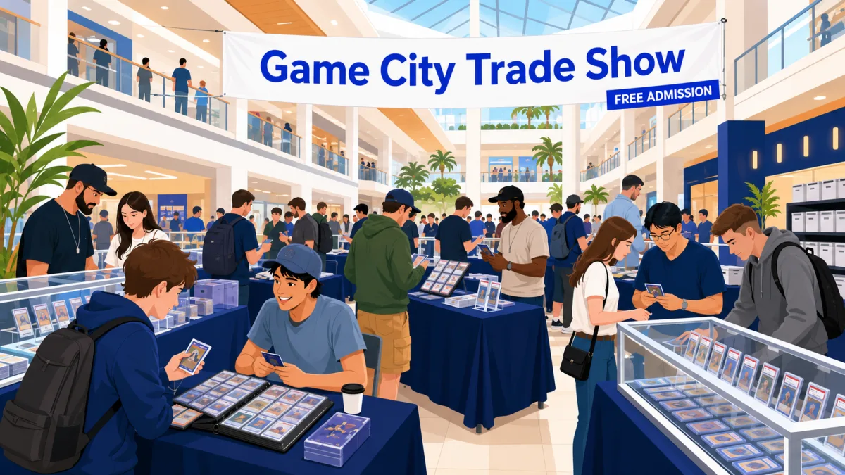 Editorial illustration of collectors browsing card tables inside a mall trade-show area beneath a Game City Trade Show banner and a free-admission sign.