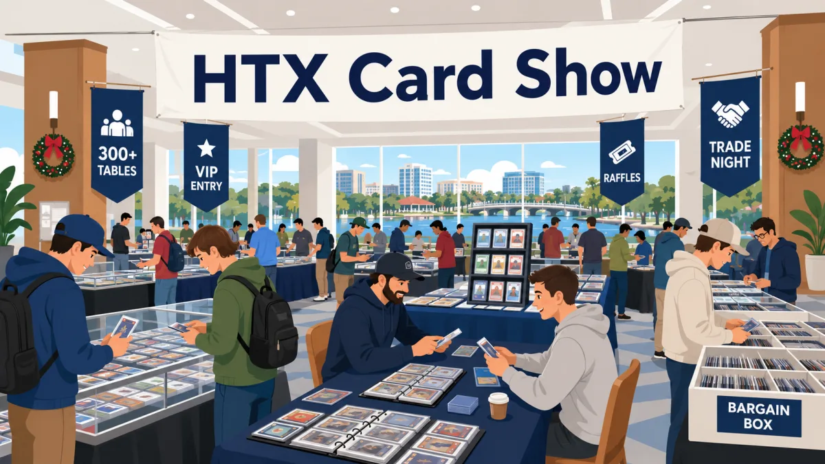 HTX Card Show in Houston, collectors browsing glass display cases of trading cards across 300+ tables with a bargain box section near the waterfront windows.