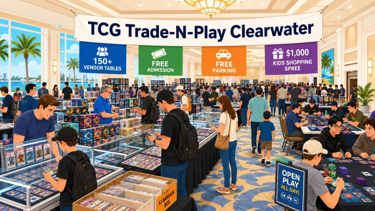TCG Trade-N-Play Clearwater packs a sunlit waterfront ballroom with graded slab cases, 150-plus vendor tables, dollar bargain boxes, and open play seating.