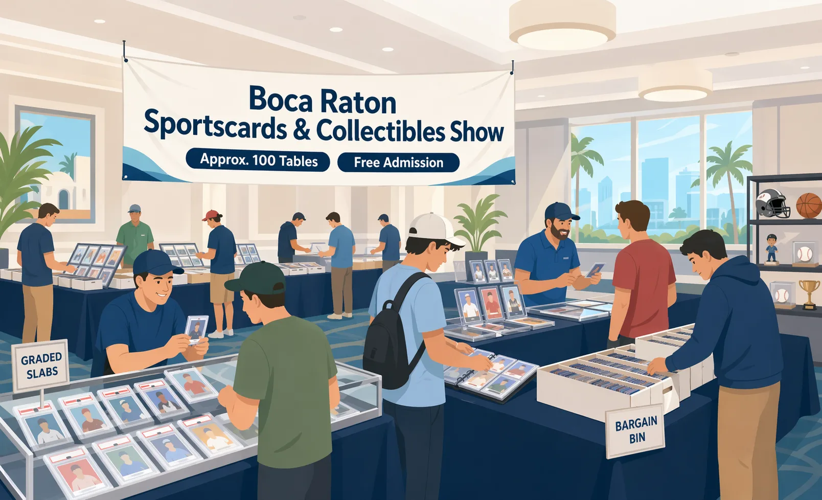 Illustration of the Boca Raton Sportscards & Collectibles Show, showing a busy hotel event room with vendor tables, display cases, slabs, boxes, and binders, as one man shows another a graded slab while a man with a backpack studies a glass card case.