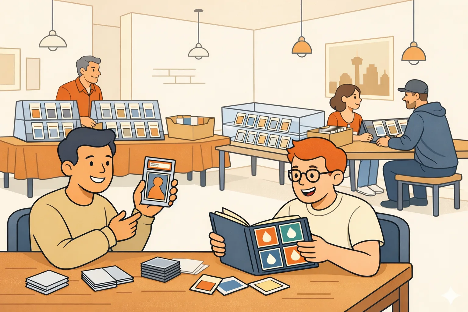 Modern editorial illustration of a small card and collectibles show in San Antonio, with two collectors trading at a table, vendor display cases in the background, and subtle skyline-inspired decor.
