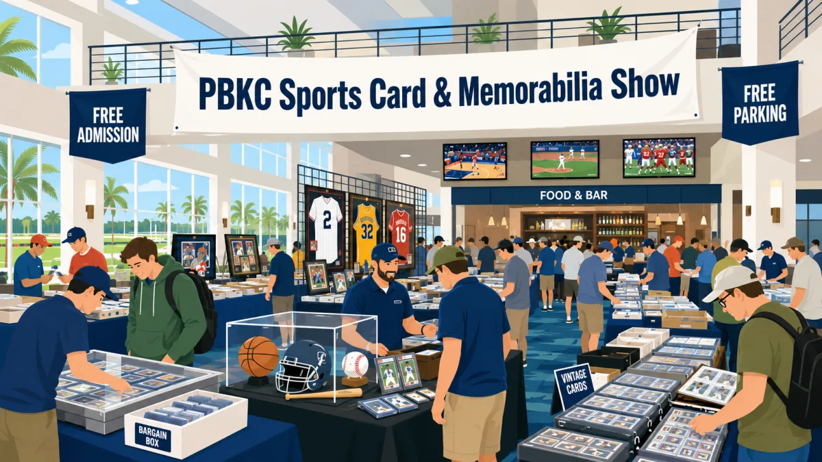PBKC Sports Card and Memorabilia Show with crowded vendor tables, framed jersey displays, a sports memorabilia case, and a vintage cards section.