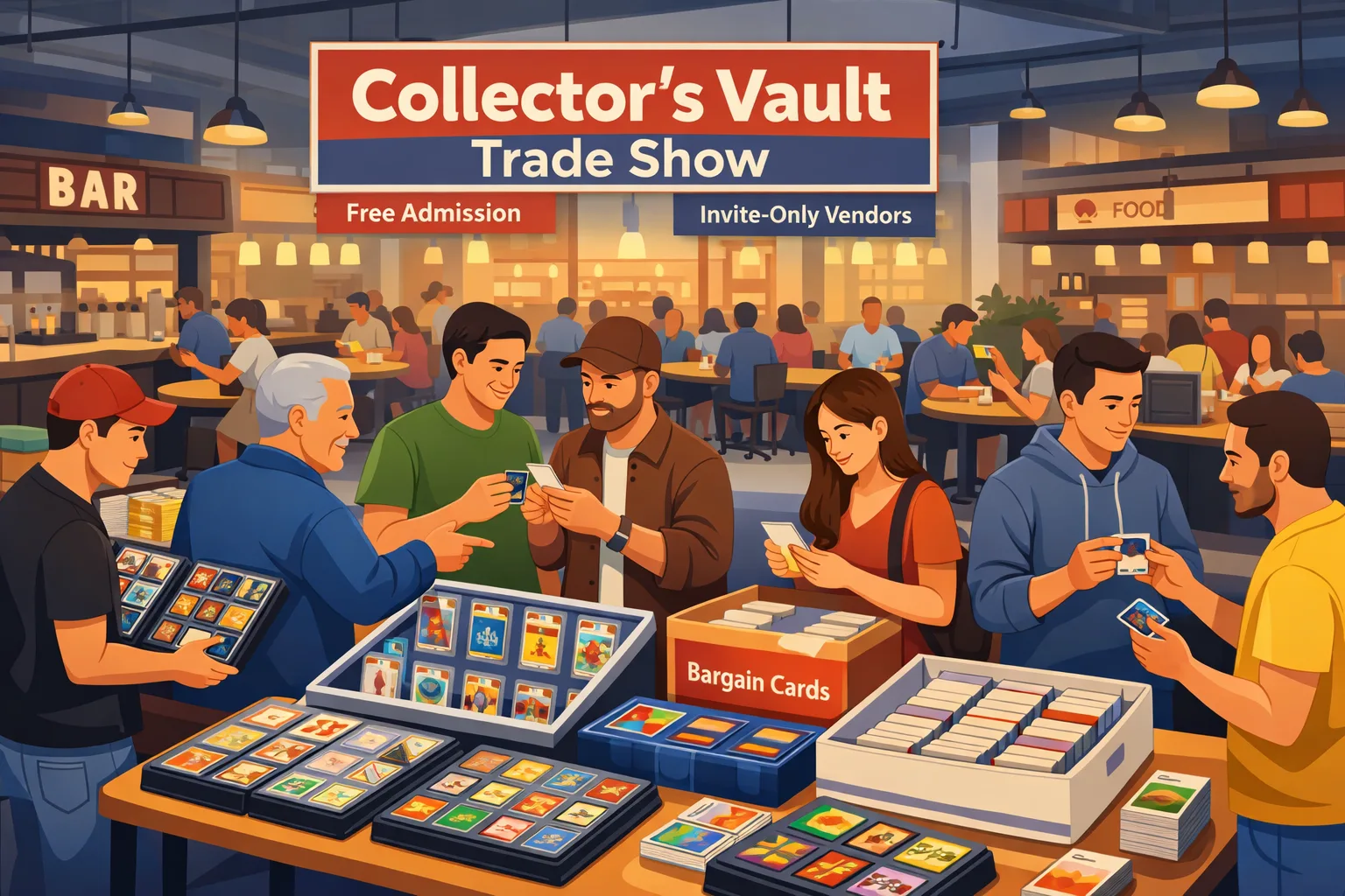 Collector's Vault Trade Show in Chicago, Illinois, inside a modern market food hall with curated vendor tables, display cases, slabs, binders, and collectors trading in a relaxed hobby setting.