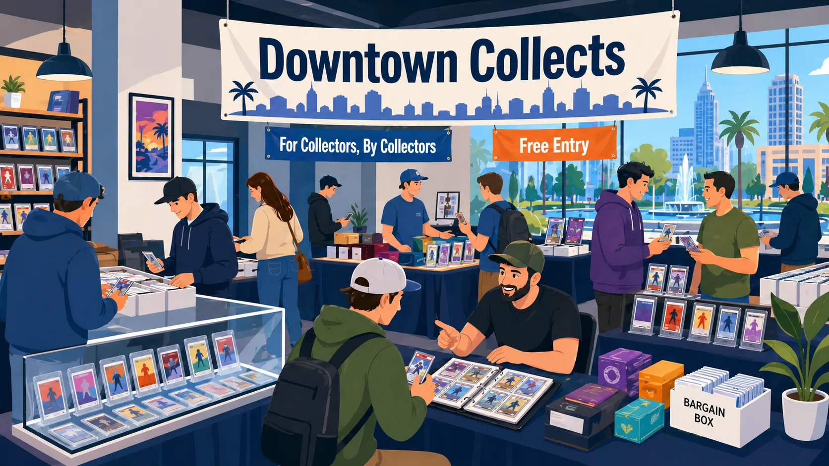 Downtown Collects Orlando card show with collectors browsing graded slabs in glass cases, vendor tables of binders and bargain boxes, and a palm-lined skyline backdrop.