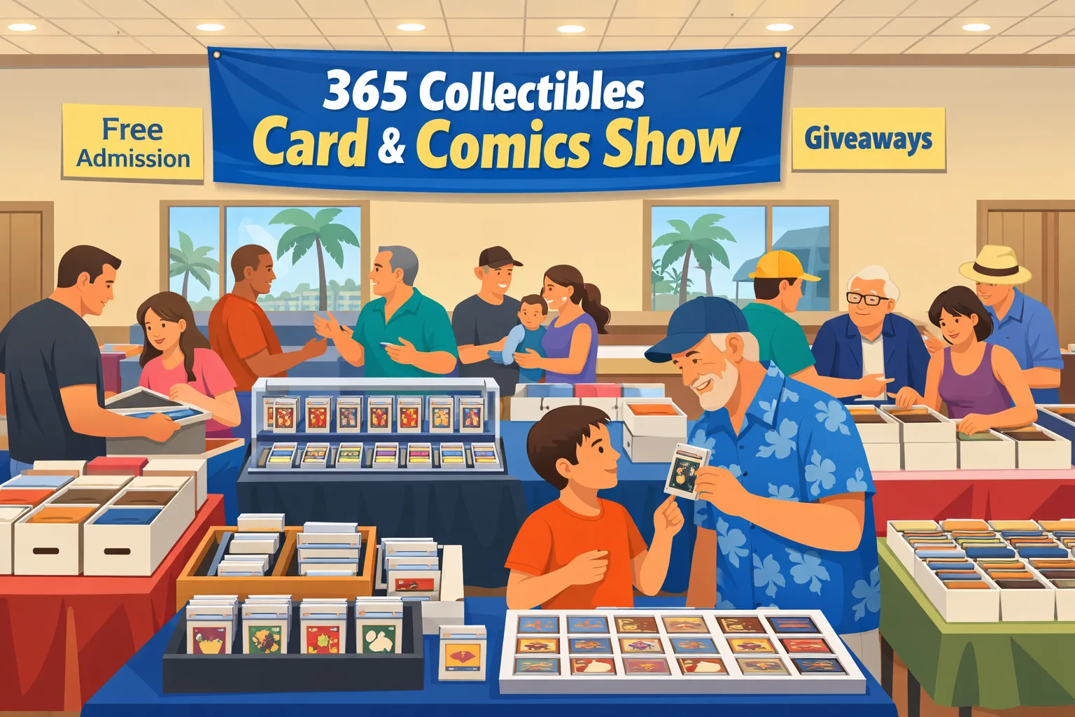 365 Collectibles Card & Comics Show in the Miami area, shown as a lively South Miami ballroom with vendor tables, slabs, Pokémon cards, sports cards, comic boxes, and collectors browsing.