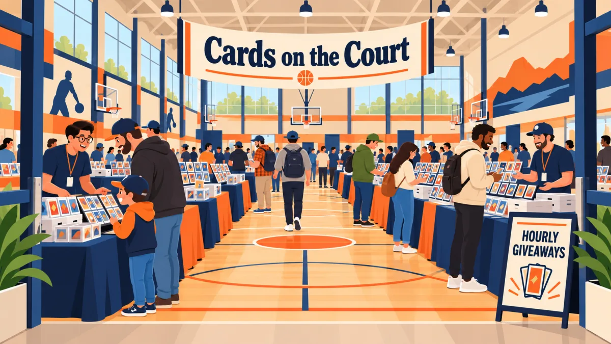 Collectors and a family browse trading-card tables on an indoor sports court beneath a Cards on the Court banner. A smaller sign announces hourly giveaways.