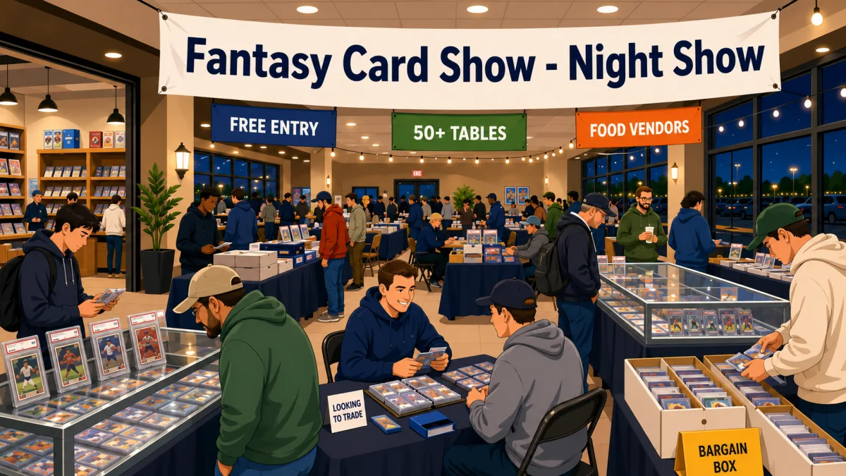 Fantasy Card Show Night Show fills an indoor venue after dark with 50+ vendor tables, glass cases of graded slabs, a bargain box, and collectors trading.