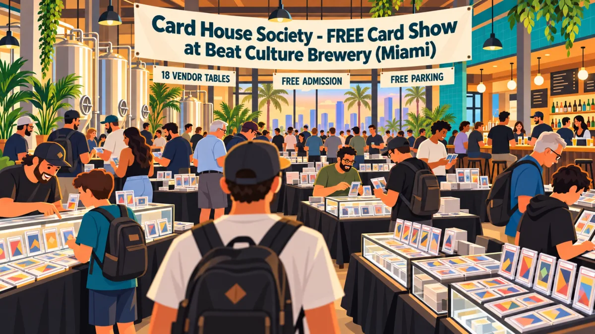 Collectors browse card displays and open binders inside a warmly lit brewery beneath a Card House Society show banner. Smaller signs announce 18 vendor tables, free admission, and free parking.