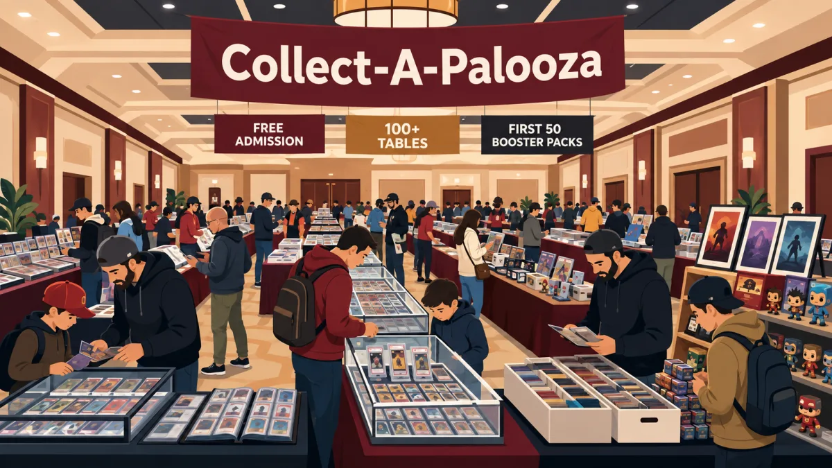 Editorial illustration of collectors browsing card, comic, toy, and artist tables beneath a Collect-A-Palooza banner inside a suburban banquet hall.