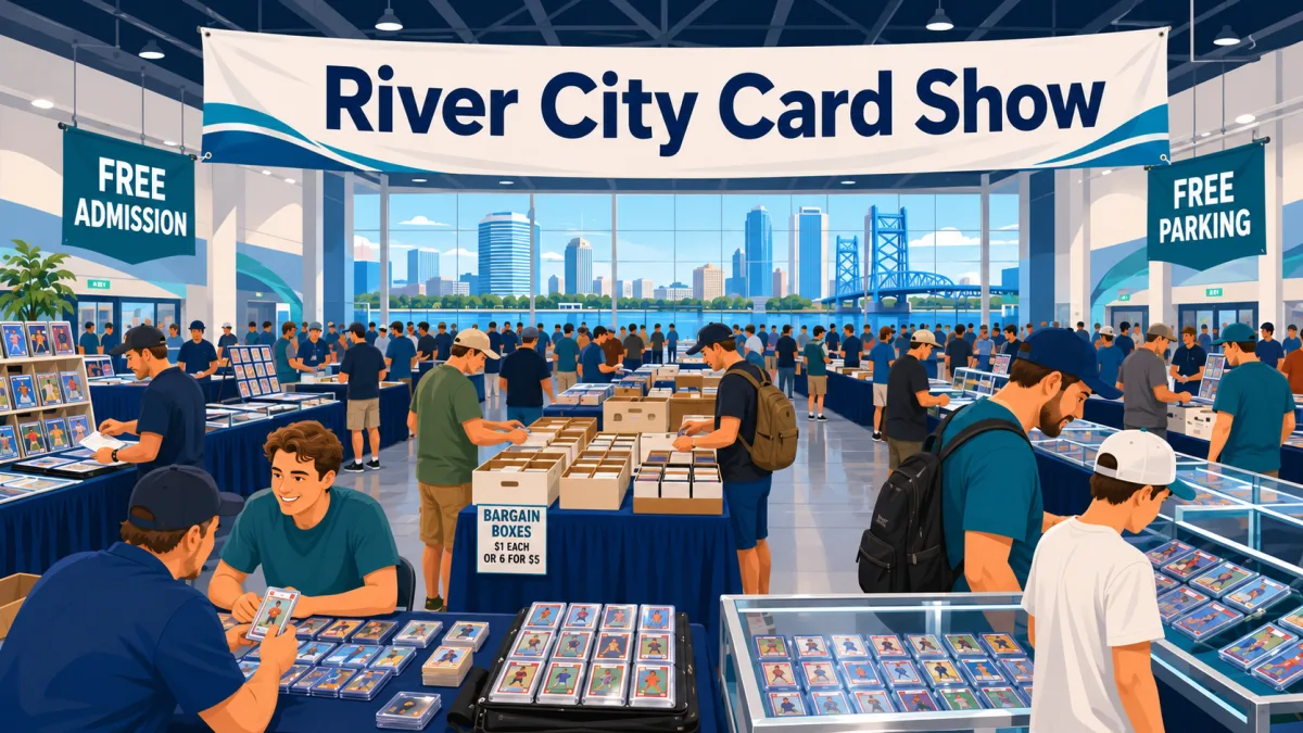 River City Card Show convention hall with vendors at graded slab display cases, bargain box bins, and free admission and parking banners overhead.