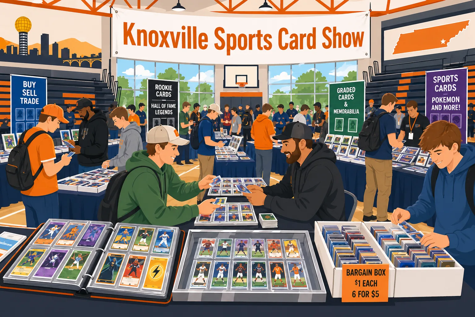 Knoxville Sports Card Show packs a Tennessee gymnasium with traders, binders of graded rookies, sports memorabilia displays, and a $1 bargain box.