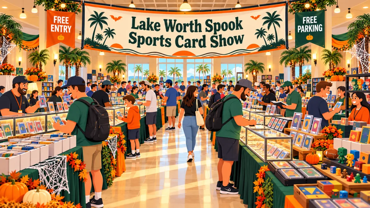 Collectors browse cards, comics, games, and toys in a fall-themed community event hall beneath a Lake Worth Spook Sports Card Show banner.