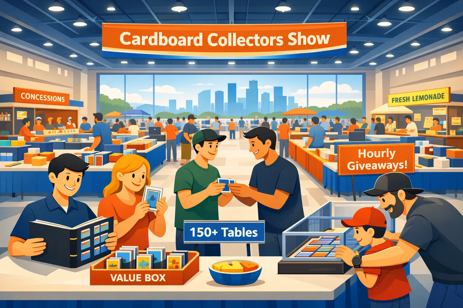 Crowded Cardboard Collectors Show in Rosenberg, Texas with 150+ vendor tables, collectors trading cards, and concessions.