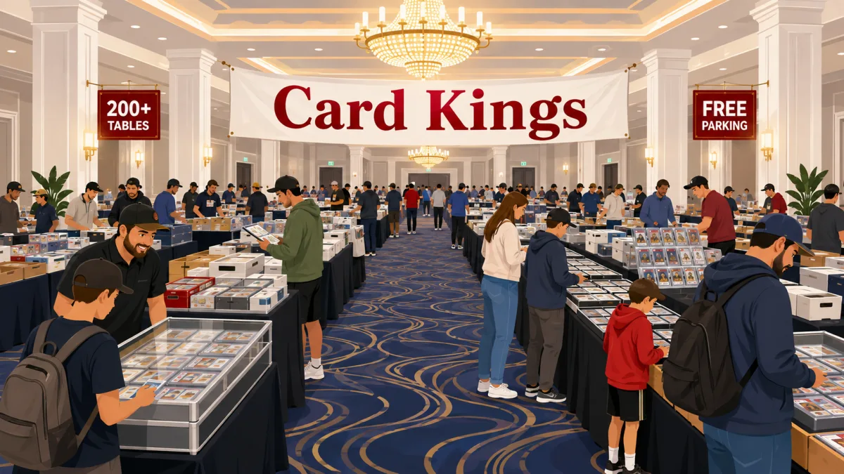Illustrated upscale Lakehurst ballroom with chandeliers, families and collectors browsing card tables beneath a Card Kings banner and 200+ tables and free parking signs.