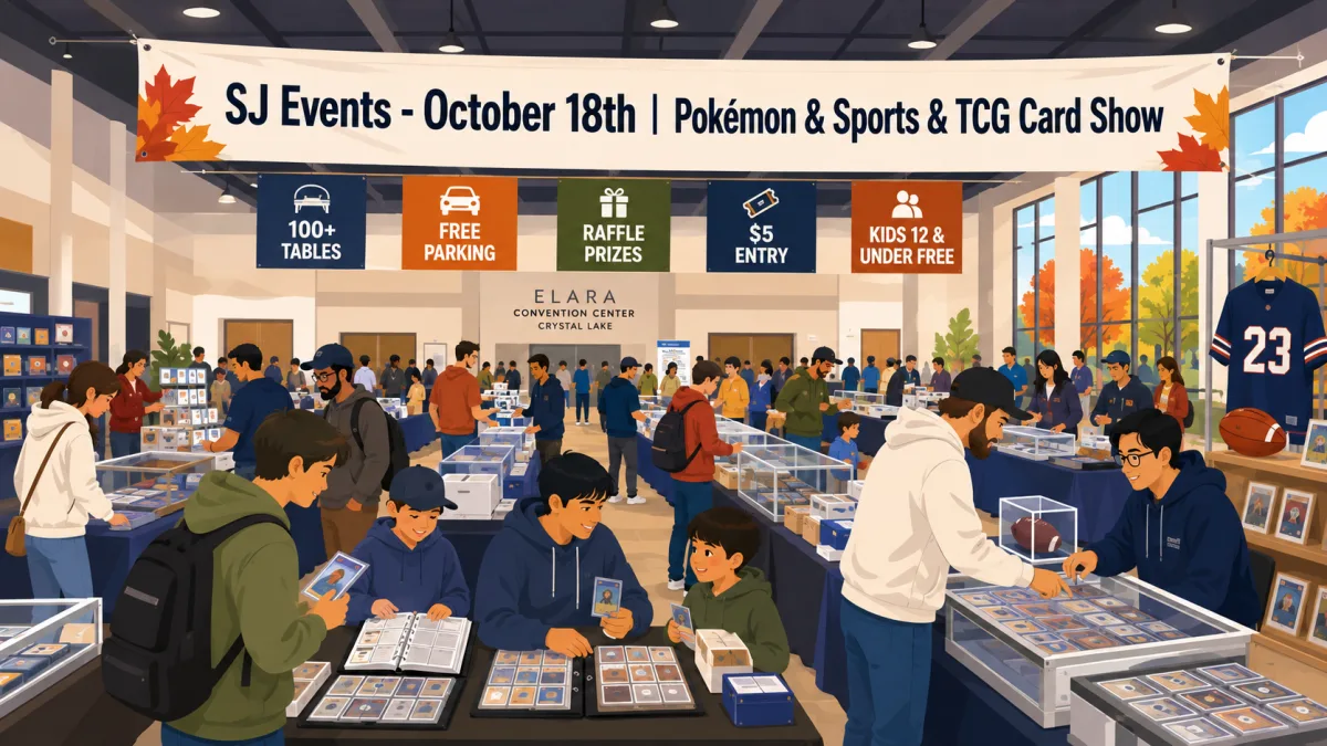 Collectors and families browse card tables inside ELARA Convention Center beneath SJ Events signage for the October 18 Crystal Lake card show.