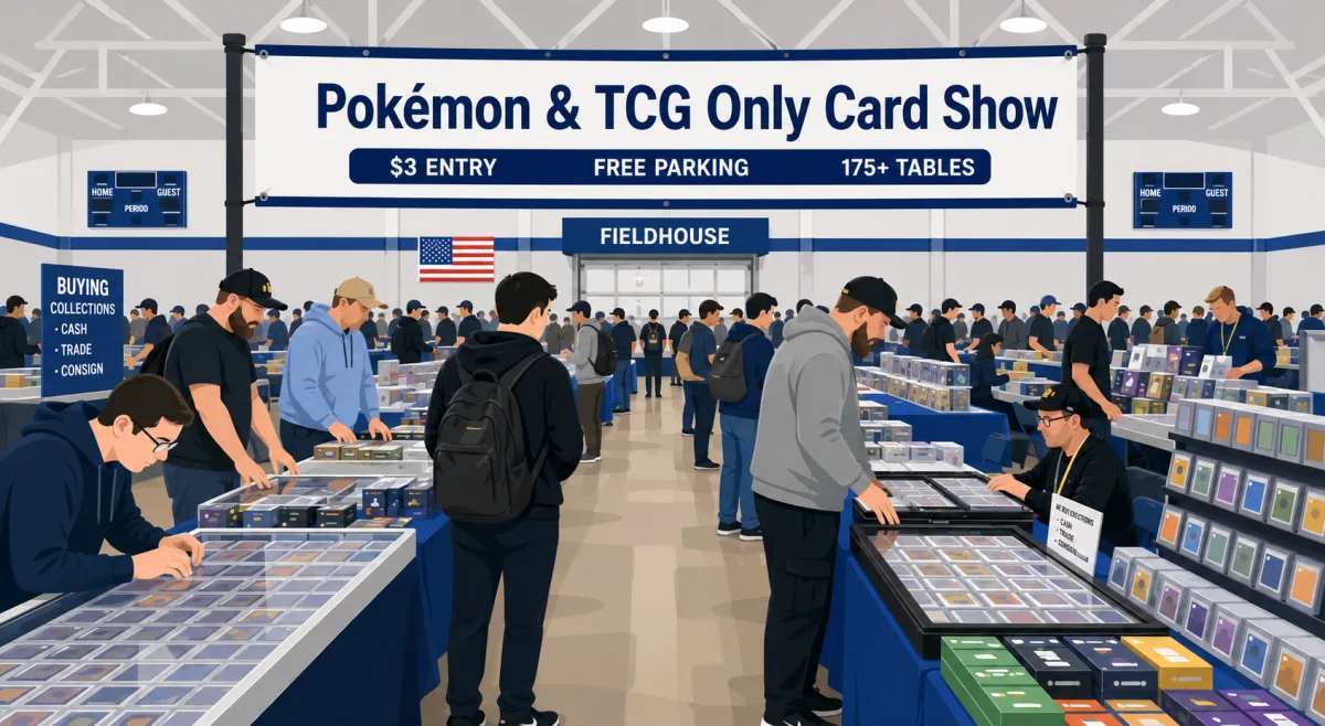 Pokémon and TCG Only Card Show inside a packed Fieldhouse, with 175+ vendor tables, glass cases of graded slabs, and shoppers browsing booster boxes.