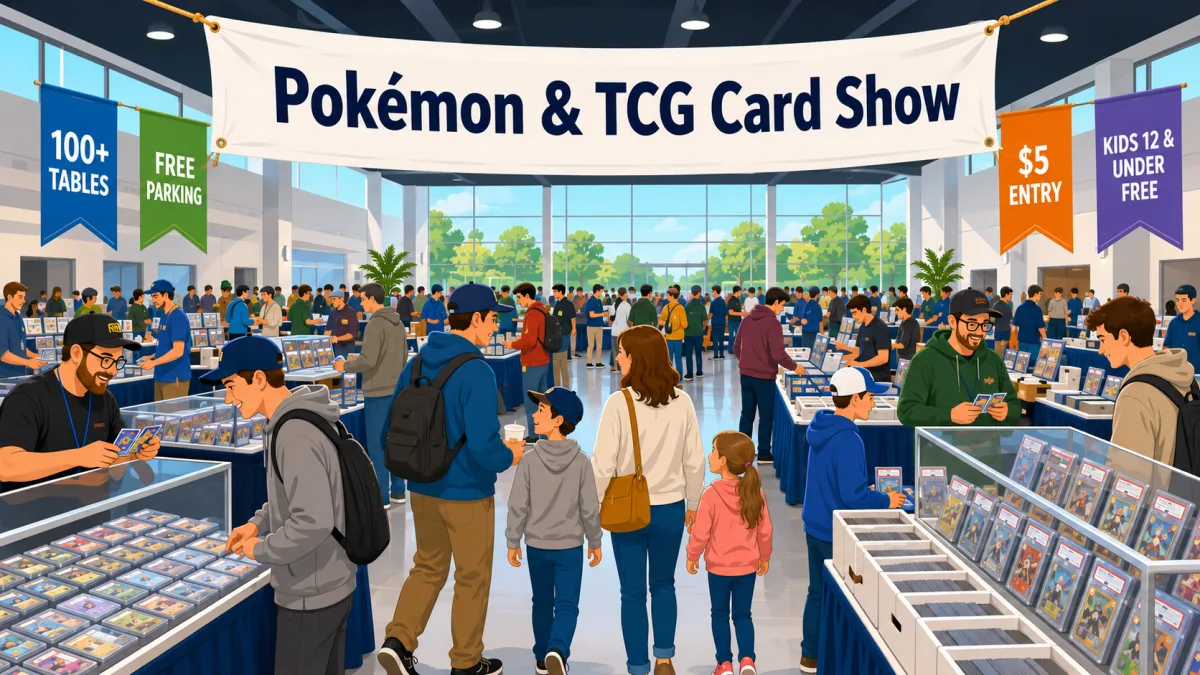 Pokémon and TCG Card Show at Elara Convention Center, Crystal Lake, IL, with 100+ vendor tables, graded card slabs in display cases, and families browsing