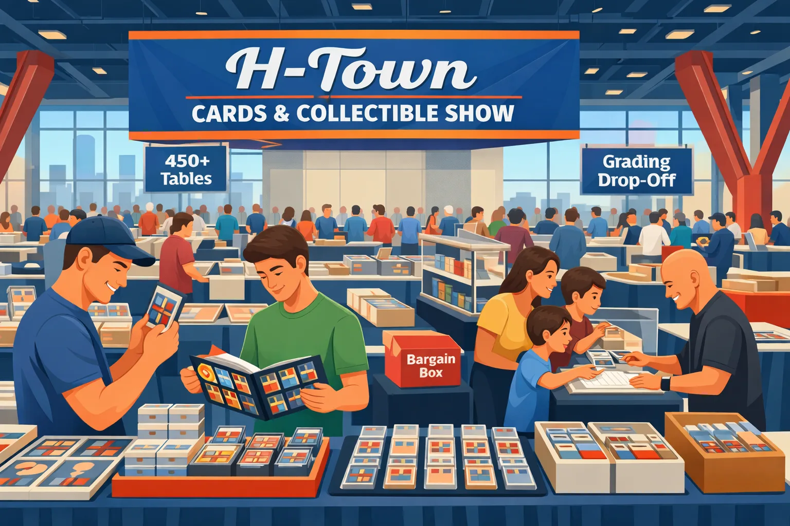 Illustration of the H-Town Cards & Collectible Show in Houston in June 2026, with collectors and families browsing sports cards, Pokémon binders, display cases, and vendor tables inside a large convention center.