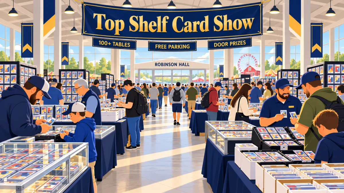 Illustration of collectors browsing card tables inside Robinson Hall beneath a Top Shelf Card Show banner with 100+ tables, free parking, and door-prize callouts.