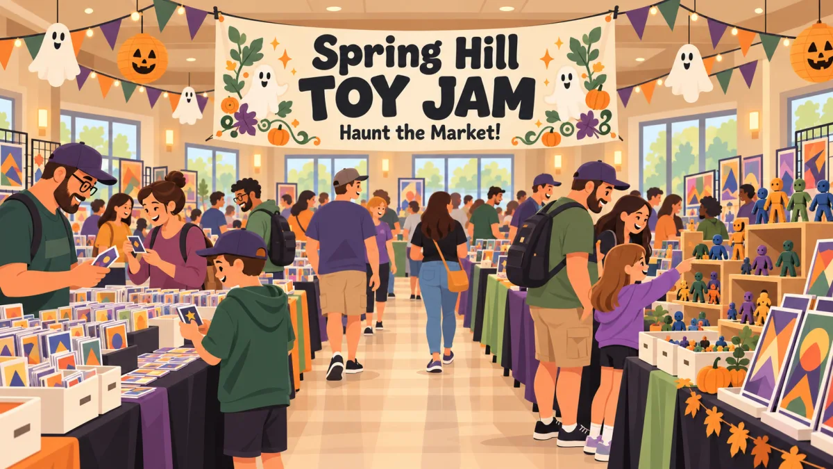 Collectors browse trading cards, toys, and comics beneath a Spring Hill TOY JAM banner inside a community hall. Paper ghosts and pumpkin decorations add a Halloween theme.
