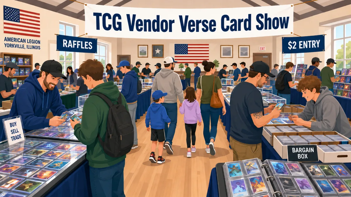 TCG Vendor Verse Card Show at the American Legion in Yorkville, Illinois, with families browsing graded slab cases, binders, and bargain boxes.
