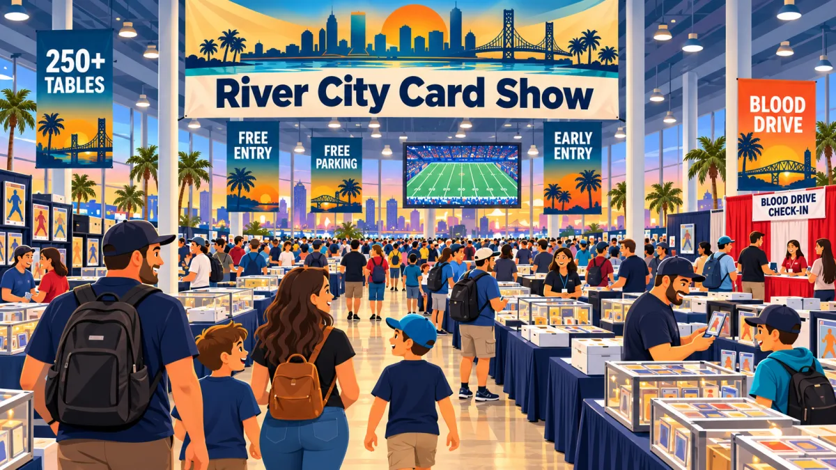 Collectors browse rows of trading card and memorabilia tables inside Duval Hall, with a football screen and community blood-drive area visible in the background.