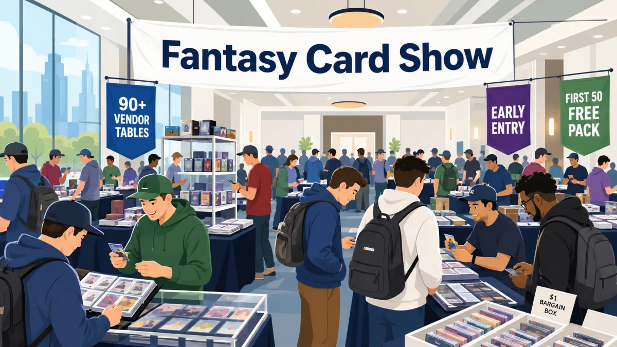 Fantasy Card Show inside a Chicago hotel ballroom with 90+ vendor tables, glass display cases of graded cards, and a $1 bargain box up front.