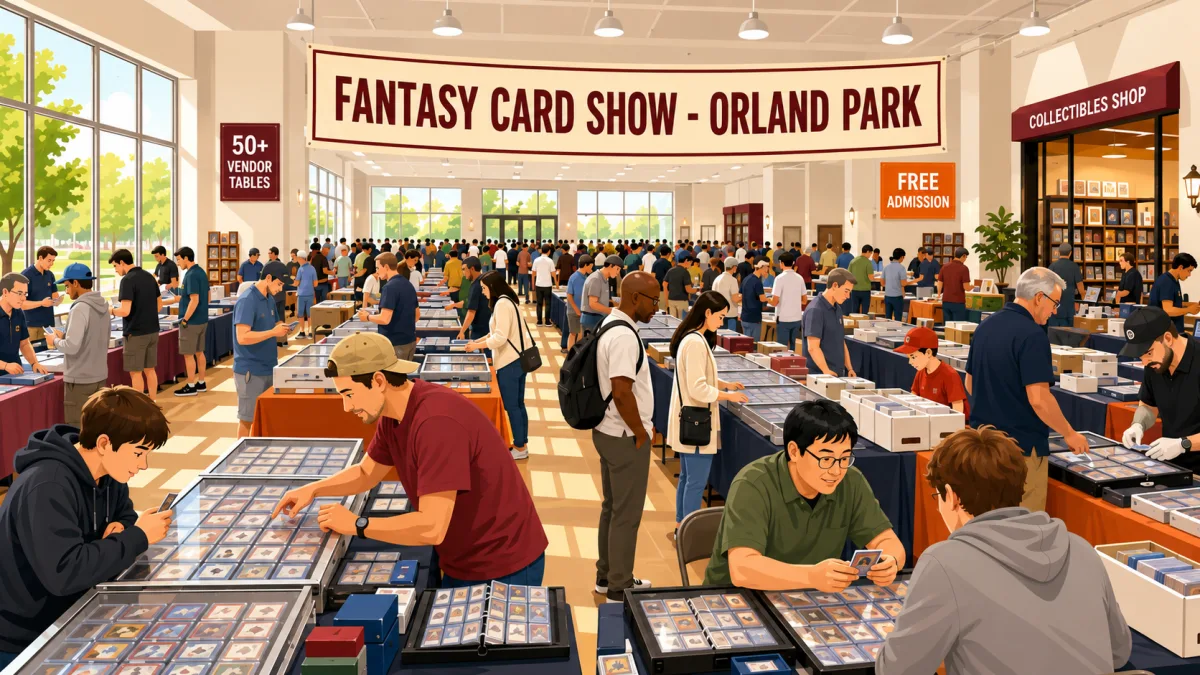 Collectors browse card displays and binders across a bright Orland Park event hall beneath a Fantasy Card Show - Orland Park banner with 50+ vendor tables and free-admission callouts.