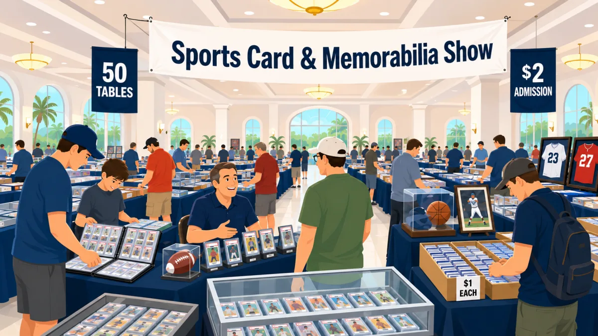 Sports Card and Memorabilia Show with collectors browsing graded slabs in glass cases, signed jerseys, and dollar bins across 50 vendor tables