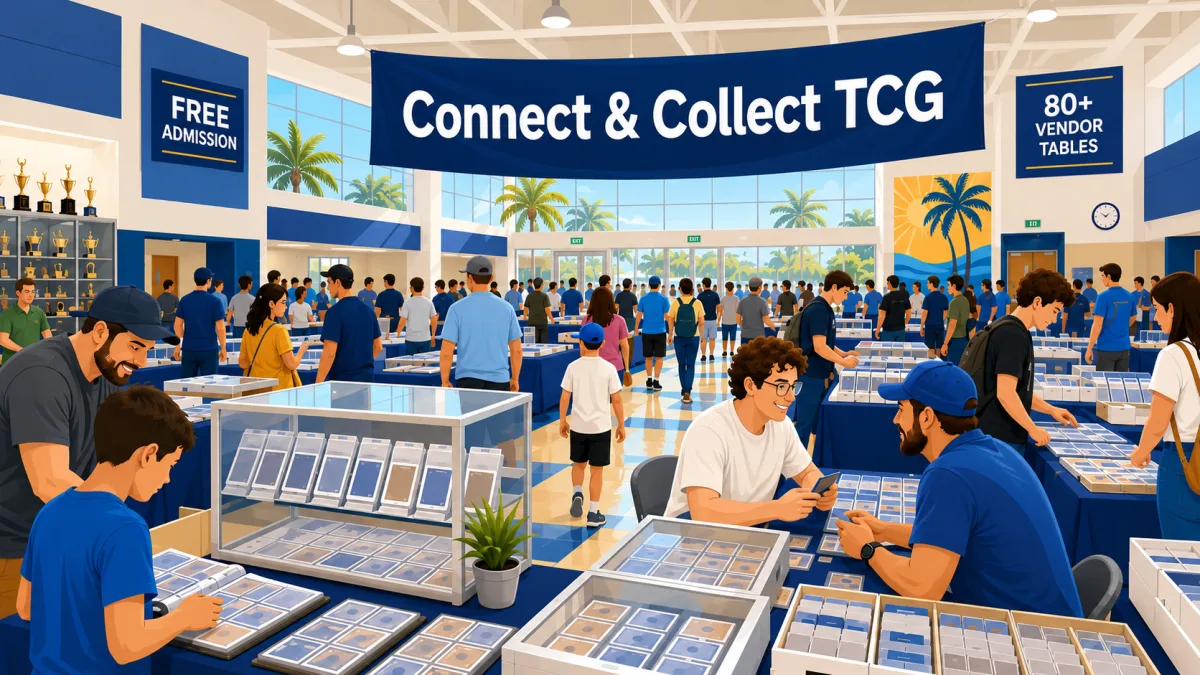 Illustration of families and collectors browsing vendor tables at Connect & Collect TCG inside a bright school event space.