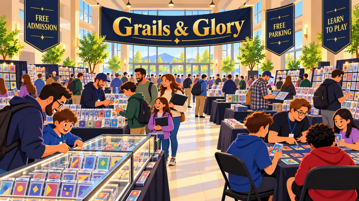 Collectors and families browse card tables while new players learn a trading card game inside a bright event hall beneath a Grails & Glory banner.