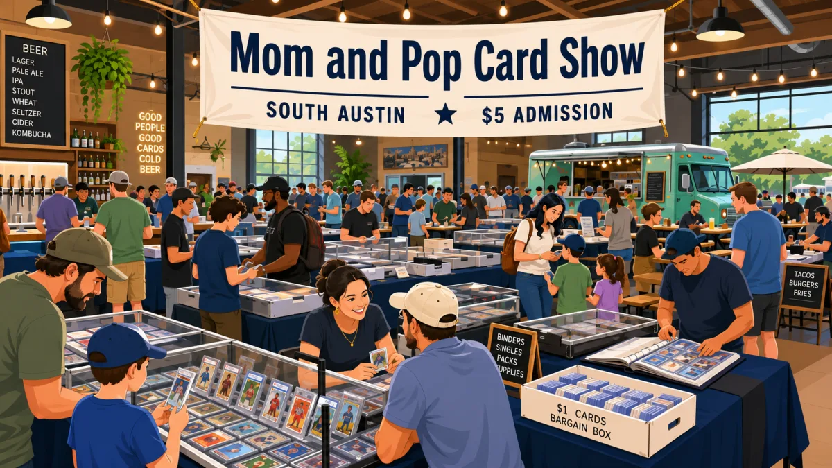 Mom and Pop Card Show at a South Austin brewery, collectors browsing glass cases of graded card slabs, a $1 bargain box, and a taco food truck.