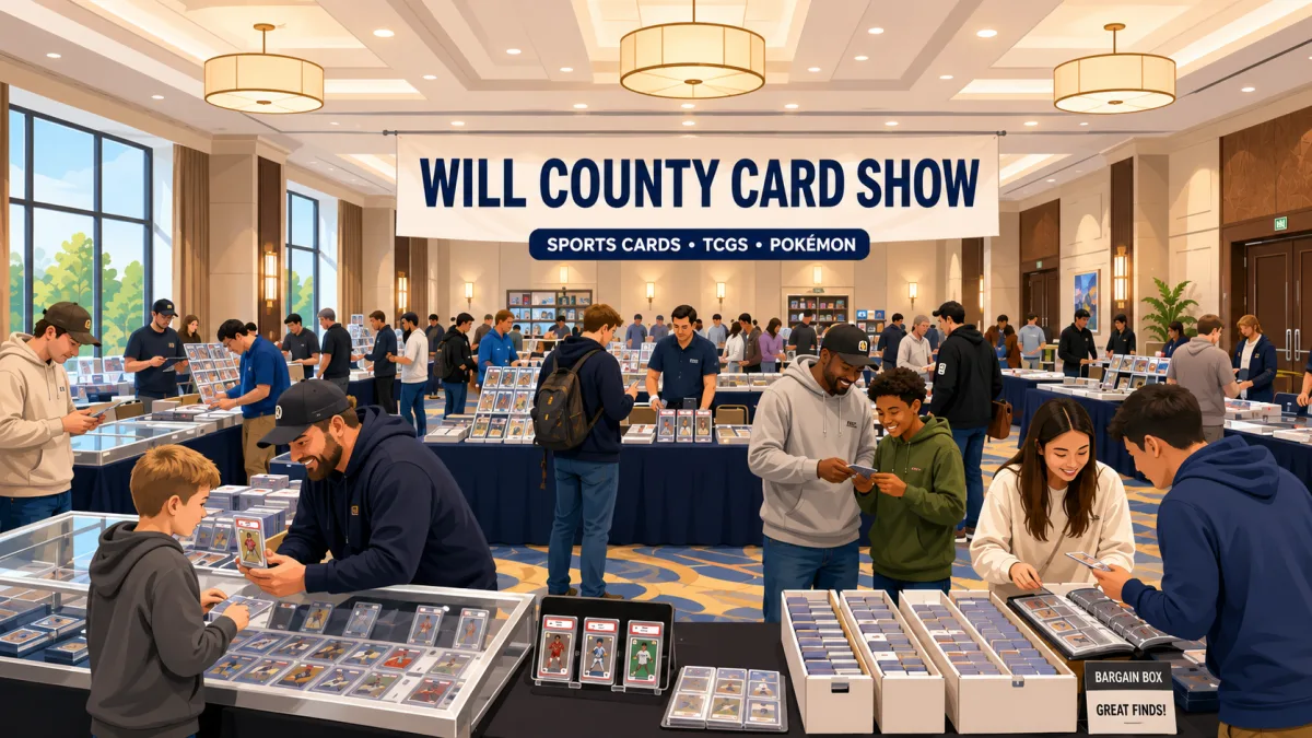 A modern editorial illustration of the Will County Card Show inside a Joliet hotel meeting room, with collectors browsing vendor tables, display cases, binders, slabs, and bargain boxes beneath an event banner.