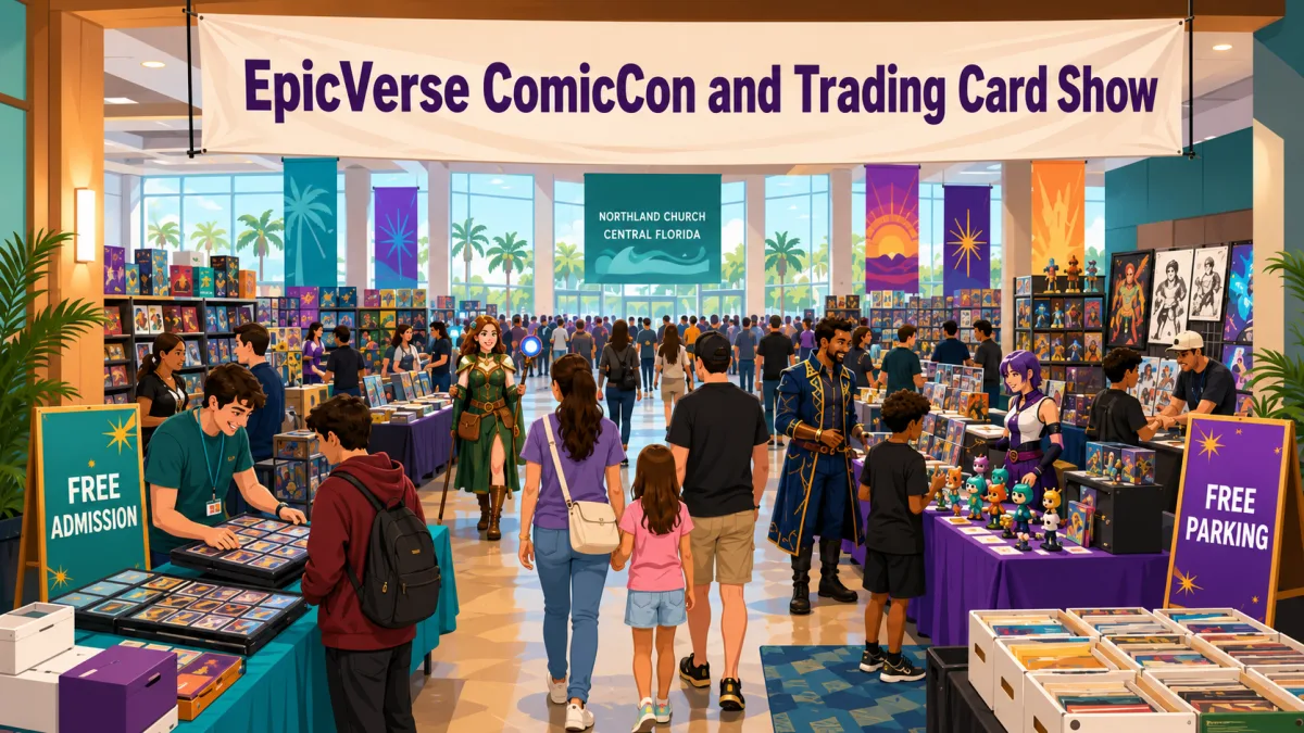 Illustration of collectors and families entering a mixed card and comic convention beneath an EpicVerse ComicCon and Trading Card Show banner.