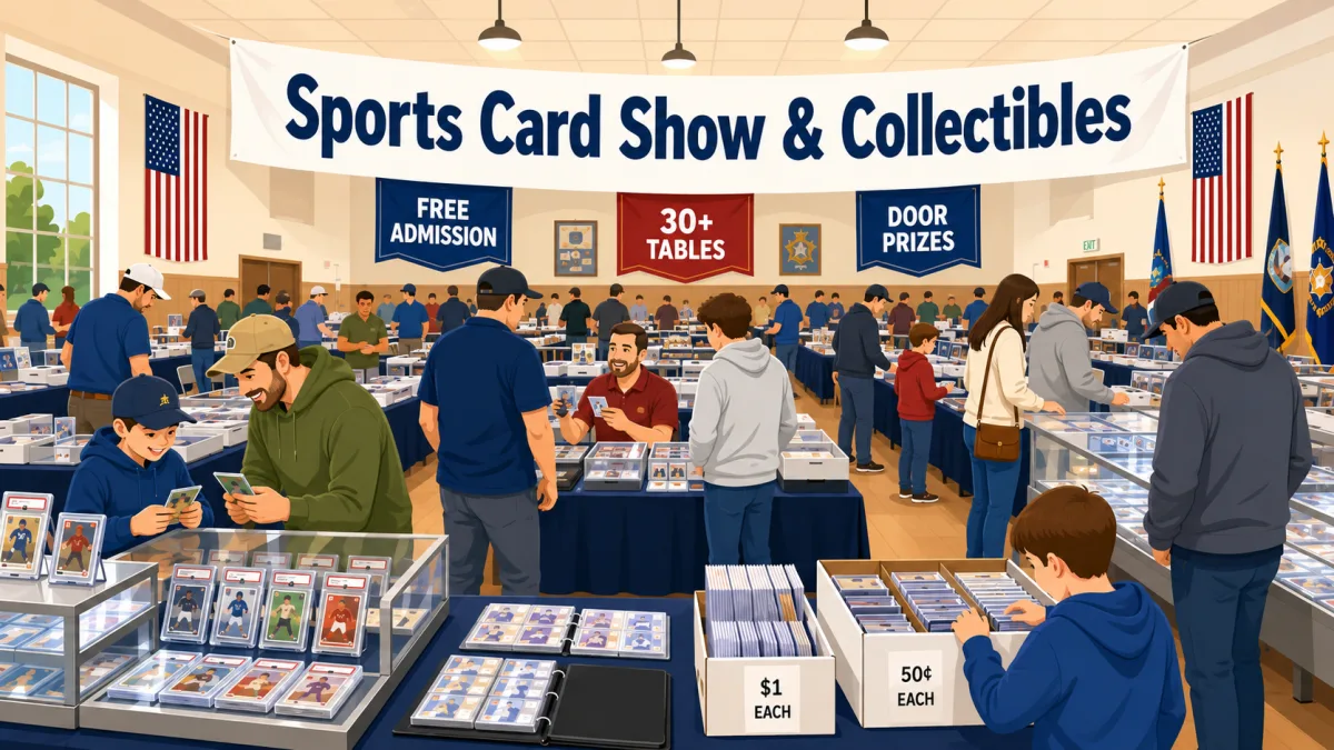 Sports Card Show & Collectibles in Decatur, IL. 30-plus vendor tables with graded slab displays, bargain boxes, and families browsing a packed hall