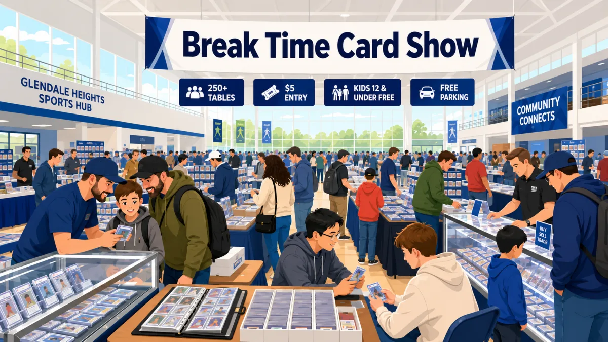 Illustrated interior of the Glendale Heights Sports Hub with rows of card-show tables and collectors browsing beneath a Break Time Card Show banner.