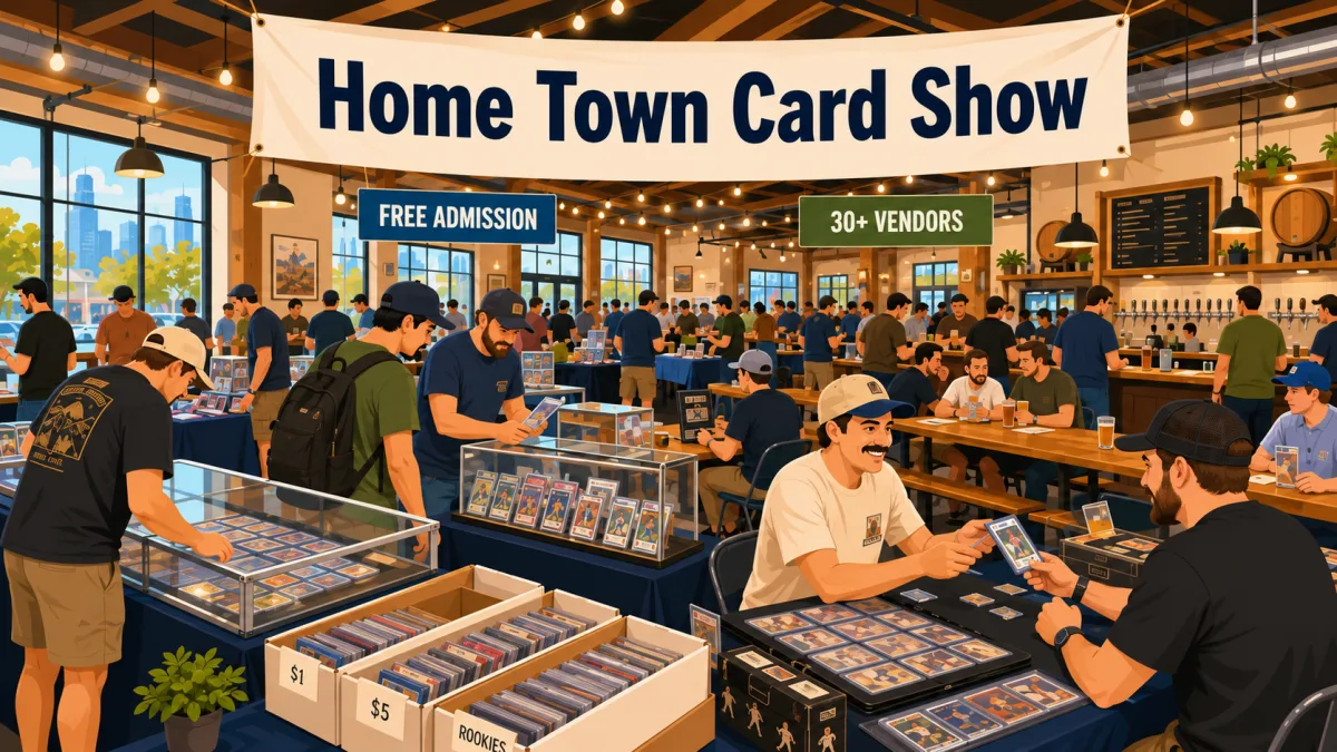 Home Town Card Show in a brewery taproom, collectors browsing glass cases of graded cards, dollar bargain boxes, and Free Admission and 30+ Vendors banners.