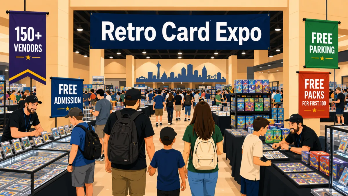 Retro Card Expo convention floor with 150+ vendors, glass cases of graded cards, and families browsing under free admission and parking banners.