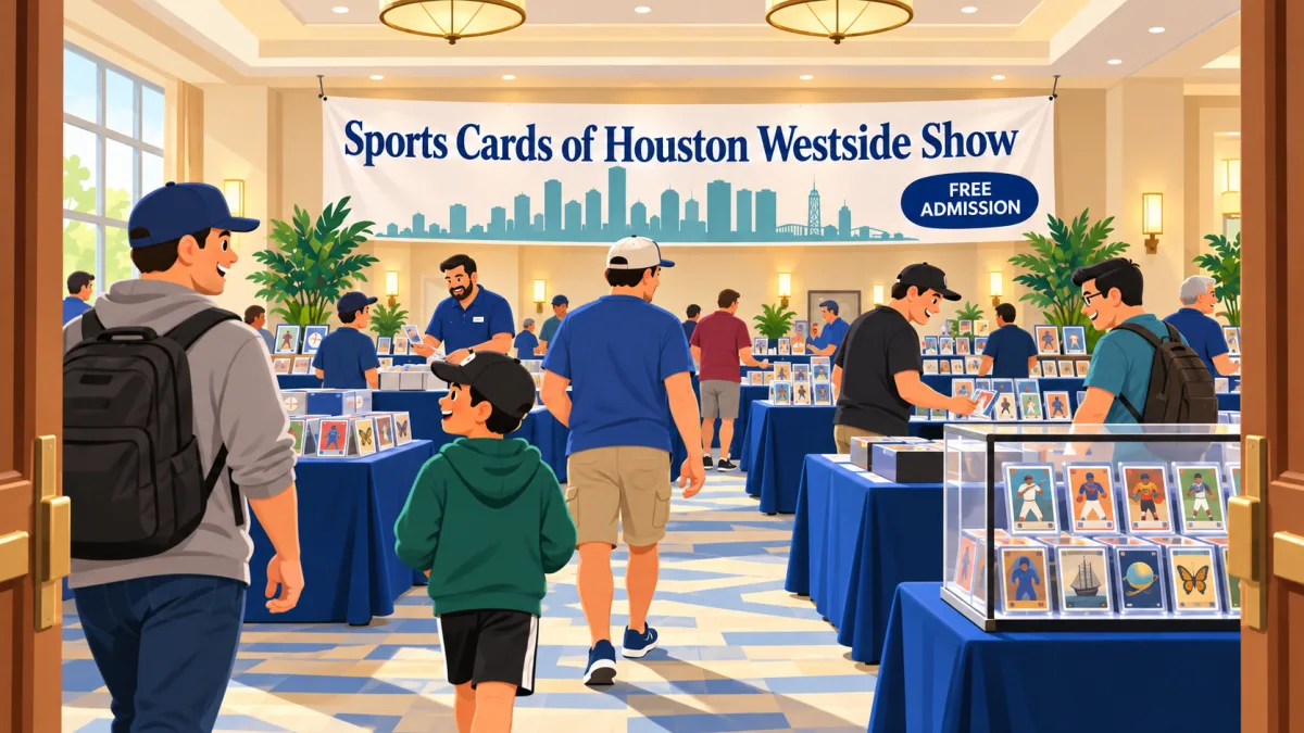 Collectors enter a hotel card show and browse display tables beneath a Sports Cards of Houston Westside Show banner and a free admission sign.