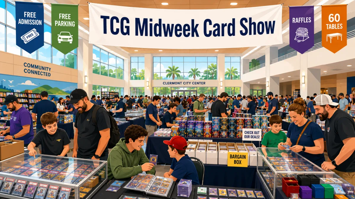 TCG Midweek Card Show at Clermont City Center, with collectors browsing glass cases of graded cards, sealed booster boxes, bargain box bins, and 60 vendor tables.