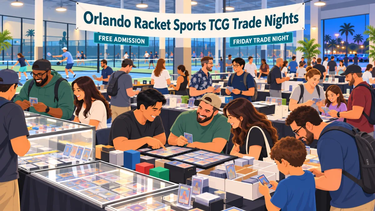 Illustration of collectors trading cards inside an Orlando racket sports venue beneath an Orlando Racket Sports TCG Trade Nights banner.